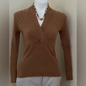 INC Warm Toffee V-Neck Crossover Ribbing & Subtle Pull Over Sweater Sz M thumbnail 4