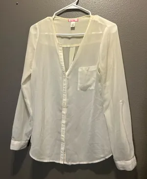 Sky Designs Group Blouse Womens Small Cream White Sheer V-Neck Flawed As Is thumbnail 1