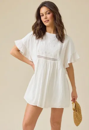 Altar’d State Cove White Embroidered Flutter Sleeve Mini Cotton Dress Boho Sz M thumbnail 1