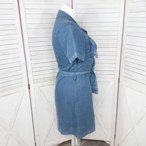 Indulge Chambray Button Up Belted‎ Short Sleeve Shirt Dress Denim Blue Large thumbnail 3