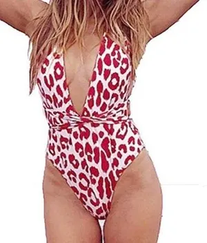 Sexy Red Leopard Print One Piece Swimsuit Size M thumbnail 1