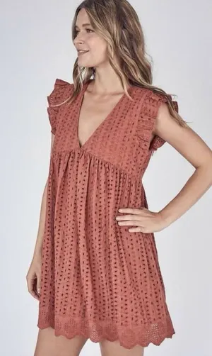 Mustard Seed Rust Eyelet Romper Dress Women’s S Terracotta Ruffle Boho Playsuit thumbnail 1