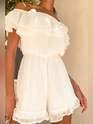 Lulus Frilled to Bits White Swiss Dot Off-the-Shoulder Romper Size Medium Beach thumbnail 3