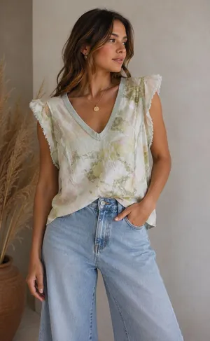 Anthropologie Pilcro Top Camo Yellow Green Ruffle Sleeve V-Neck Large thumbnail 1
