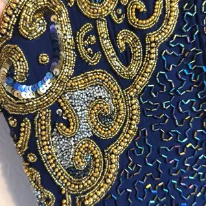 Vtg Laurence Kazar Halter Beaded embellished silk formal gown dress blue gold‎ L thumbnail 5