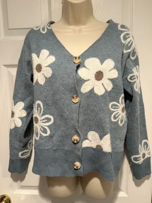 Unbranded Women Floral Fuzzy Cardigan Sweater Blue‎ Daisy Button Front Medium thumbnail 1
