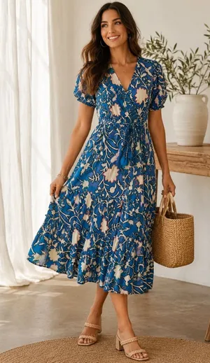 Knox Rose Women’s XS Blue Floral Boho Midi Wrap Dress Tassel Tie Tiered thumbnail 1