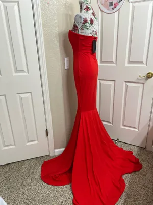 Miss Ord Red Strapless Mermaid Formal Gown Maxi Dress Slit Train - NWT Size S thumbnail 6