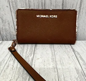 Michael Kors Brown Zip-Around Wristlet Wallet w/ Logo, Wrist Strap, Card Slots thumbnail 1