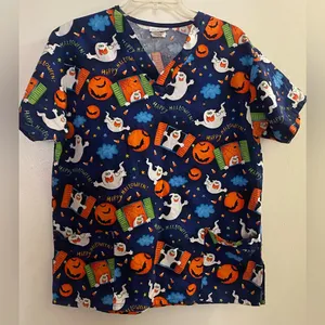 Womens Happy Halloween Scrubs Top S M By V Life Bust 40” Navy Ghosts Bats Moons thumbnail 1