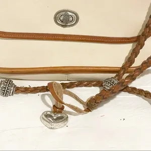 Brighton Vintage Leather Beige Cream‎ Pebbled Brown Trim Braided Crossbody Bag thumbnail 2