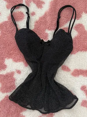 Y2K Vintage Black Shimmer Mesh Babydoll Cami Top ✨🖤 Fairy Grunge Coquette Clubwear thumbnail 1