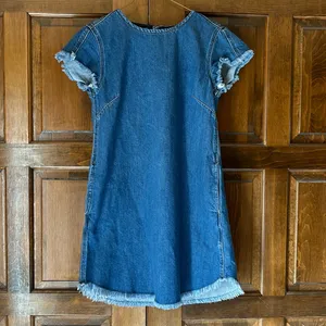 Good American Blue Denim‎ T-Shirt Dress Size 1 S Frayed Raw Edge Hem Mini Shift thumbnail 7