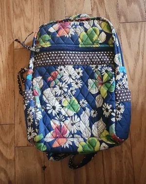 Quilted Backpack Womens Navy Blue Floral‎ Polka Dot Zipper Boho thumbnail 1
