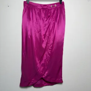 Anthropologie Maeve Women Tulip Midi Skirt 8 Pink Satin Faux Wrap Magenta thumbnail 2