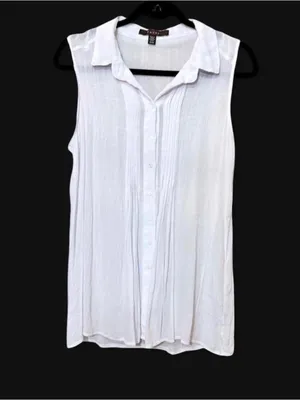 Fever White Sleeveless Collared Button Up Blouse with Pleated Front Sz M thumbnail 7