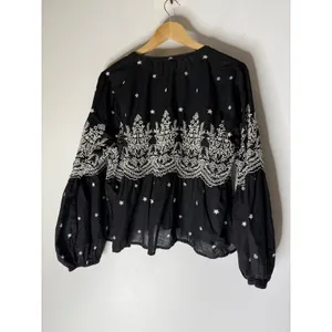 Jennifer & Grace Black Embroidered Cotton Peasant Blouse Balloon Sleeve Large thumbnail 2