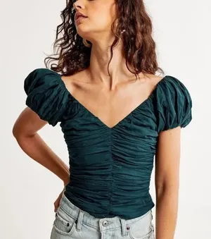 Abercrombie & Fitch Ruched Puff Sleeve Top S Blue Coquette Romantic Prep Cottage thumbnail 1