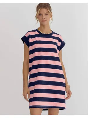 NEW Crewneck Loose Cap Sleeve Color Block Striped Tshirt Dress Pockets XL thumbnail 4