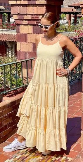 FORE Yellow tiered maxi dress flowy summer dress adjustable straps Size Small thumbnail 1