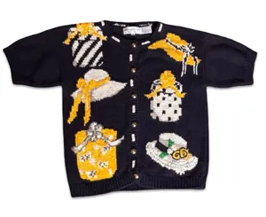 Vintage Eagles Eye Hat Motif Knit Cardigan Navy Yellow‎ Small Whimsical Cottage thumbnail 1