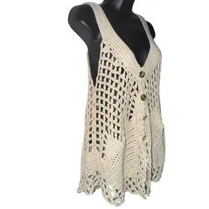 Free People open crochet knit boho buttoned vest thumbnail 6