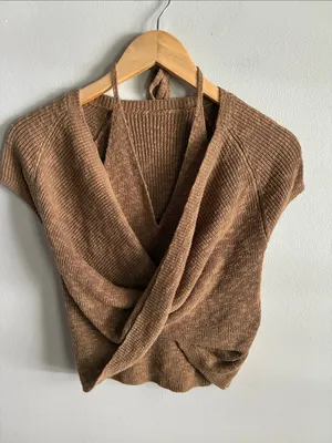 Commense S Brown Layered Wrap Knit Top Halter Tie Short Sleeve Y2K thumbnail 2