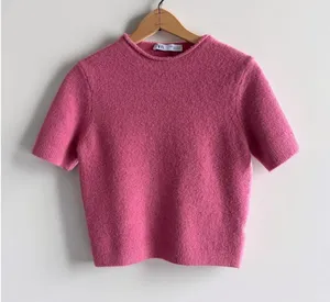 ZARA Pink Soft Knit Short Sleeve Sweater Crew Neck Medium thumbnail 1