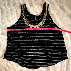 Free People Aztec Louie Beaded sequin Tank Black Striped Split Back Boho glam M thumbnail 11