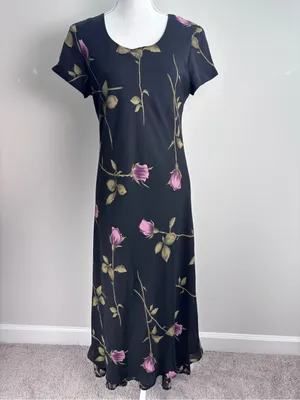 Jessica Howard Black Pink Rose Floral Short Sleeve Maxi Gown Dress Vintage thumbnail 3