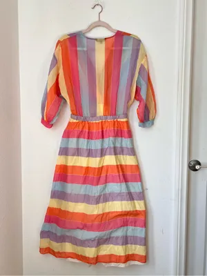 Tara Jarmon Stripey Multicolor Cotton Midi Dress Women's 36 FR Small V-Neck thumbnail 3