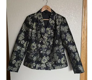 Venus Floral Metallic Jacquard Blazer Jacket Size 10 Gold Navy Black thumbnail 1