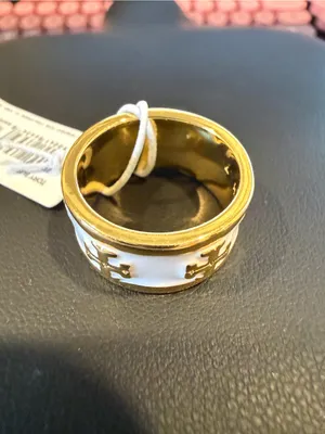Tory Burch | Gold Plated & White Enamel Women's Logo Band Ring | Size 7 thumbnail 2