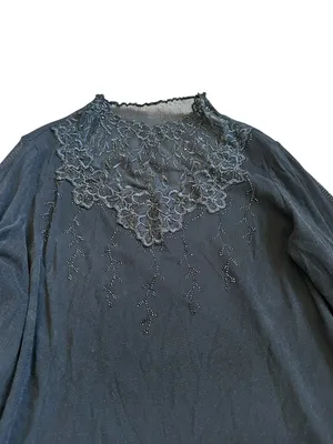 Black High Neck Long Sleeve Top Embroidered Rhinestones Gothic Romantic Witchy thumbnail 2