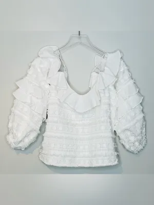 Alexis Damini White Off Shoulder Ruffle Long-Sleeve Fringe Blouse Shirt Top thumbnail 5