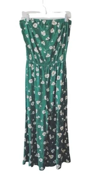 Francesca’s Miami Floral Strapless Jumpsuit Green White Cropped Wide Leg thumbnail 1