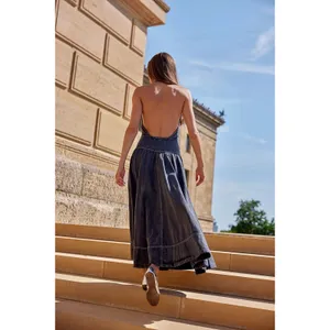 Free People Soundwave Denim Halter Maxi Dress in Black Bohemian Size Small thumbnail 3