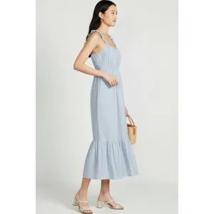 Time and Tru Womens Midi Dress Sz M Blue Ash Stripe Ruffle Strap Tie Back Flowy thumbnail 9