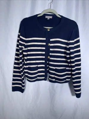 J. Crew Womens Emilie Cardigan Sweater Lady Jacket Navy Blue Stripes Large Bx482 thumbnail 2
