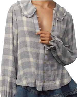Anthropologie Pilcro Light Blue and White Plaid Top Cottagecore Prairie thumbnail 1