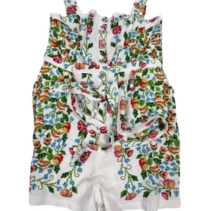Farm Rio Tropical Romance Floral Romper White Cross Stitch Print Size M thumbnail 2