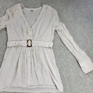 Free People Womens Belted‎ Top Medium Cream Solid Button Down Long Sleeve Blouse thumbnail 2