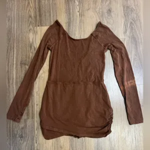 Free People Movement Brown Lets Volley Romper Onesie Long Sleeve Mini Dress FLAW thumbnail 3