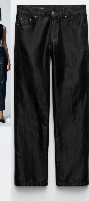Zara Nwt Satin Effect Shiny Metallic Mid Waist Straight Leg Pants 4 thumbnail 1