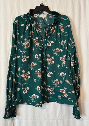 Melloday Floral Ruffle-Neck Blouse – Green – L thumbnail 1
