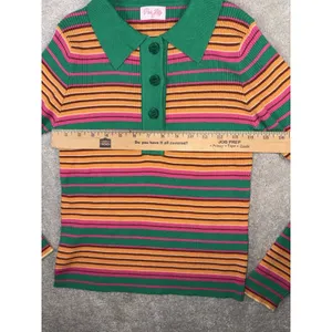 pink lily‎ striped collared ribbed long sleeve bright green pink M thumbnail 4