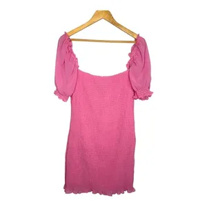 PrettyLittleThing Smocked Mini Dress Womens 12 Pink Puff Sleeve Ruffle‎ Hem thumbnail 2