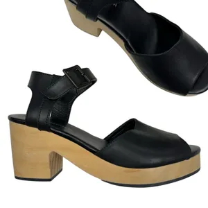 Kelsi Dagger Black Leather Peep Toe Wood Platform Heels Womens 5.5 Clog Fall thumbnail 2