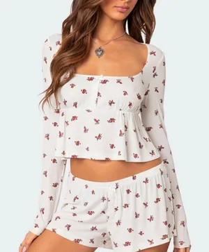 Edikted Floral Babydoll Long Sleeve Top Coquette Ribbed Bow Detail Size Medium thumbnail 1