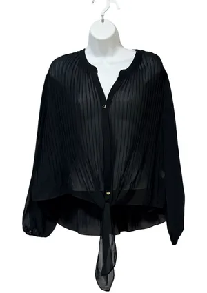 Michael Kors Black Pleated Sheer Tie Front Blouse Gold Button V-Neck Top thumbnail 1